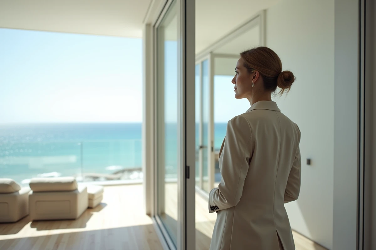 Femme d affaires regardant l horizon depuis un appartement moderne
