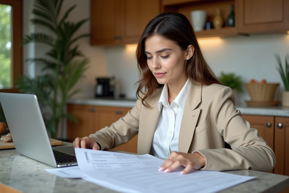 Femme vérifiant des certificats immobiliers à la maison