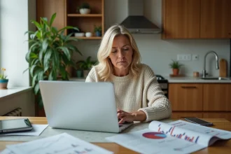 Femme d'âge moyen dans une cuisine moderne lisant des documents