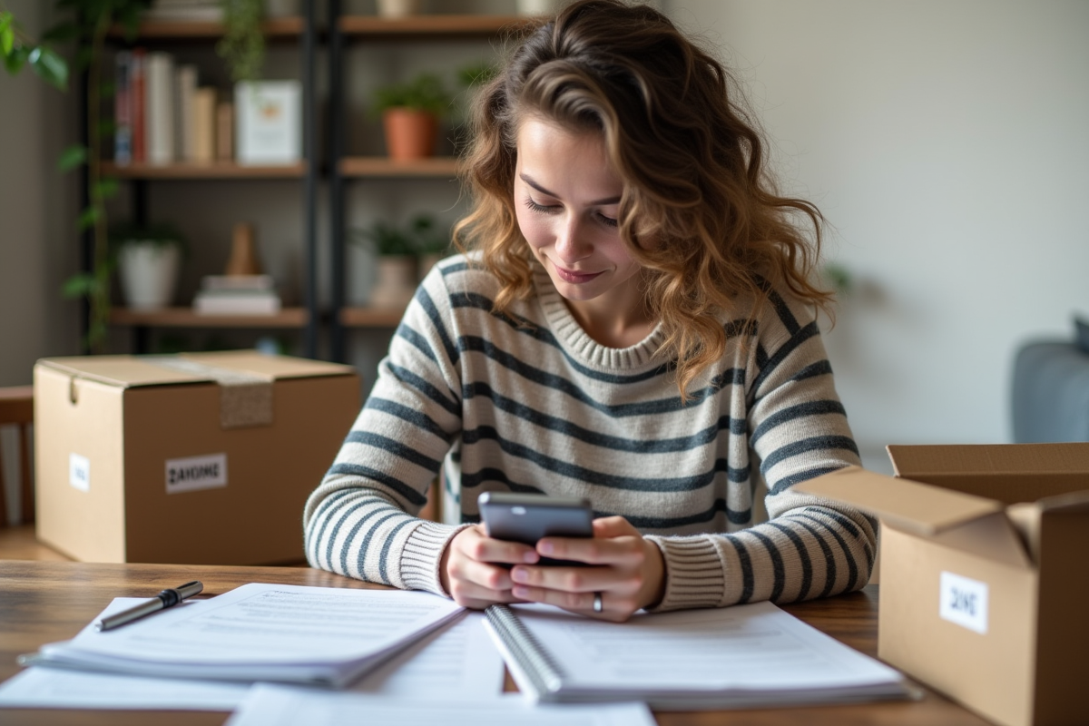 Femme concentrée avec documents lors d’un déménagement