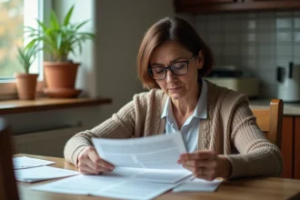 Femme d'âge moyen examinant des documents à la maison