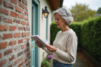 Femme examinant des échantillons de couleur devant sa maison