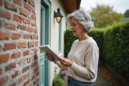 Femme examinant des échantillons de couleur devant sa maison