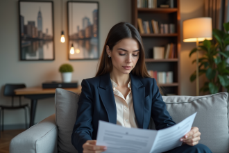 Jeune femme en blazer bleu examine des documents financiers dans son salon