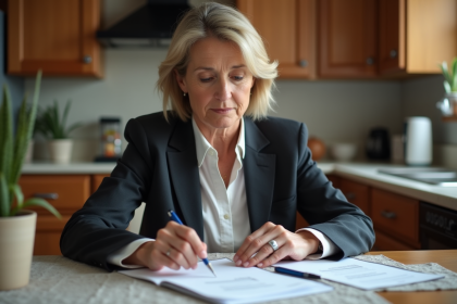 Femme d'affaires examine des documents financiers à la maison
