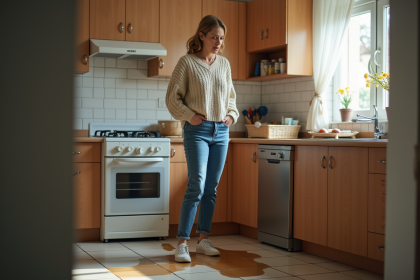 Femme inqui&egrave;te devant une fuite d'eau dans sa cuisine