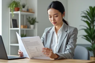 Femme consultant une grille tarifaire de visite virtuelle immobilière à son bureau à domicile