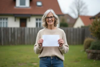 Femme r&eacute;fl&eacute;chissant devant une maison modeste