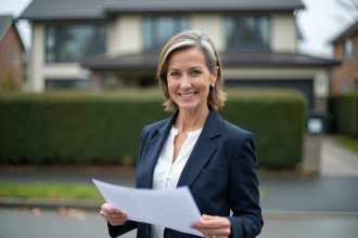 Femme d'âge moyen tenant un contrat immobilier devant une maison