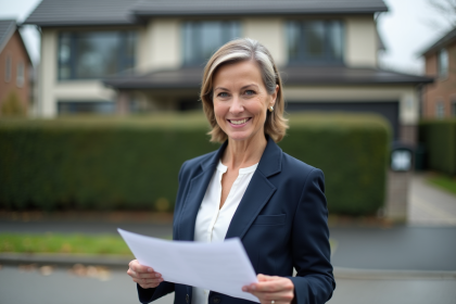 Femme d'âge moyen tenant un contrat immobilier devant une maison