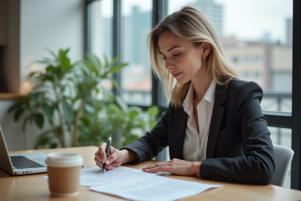 Femme professionnelle examinant des documents immobiliers dans un appartement