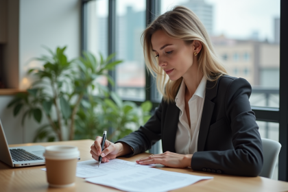 Femme professionnelle examinant des documents immobiliers dans un appartement