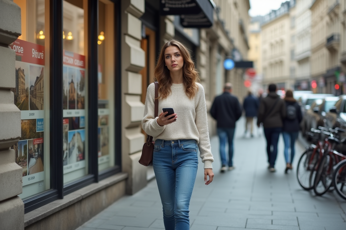 Jeune femme regardant annonces immobilières dans la rue