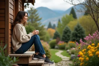 Jeune femme dans son jardin avec cottage en arrière-plan