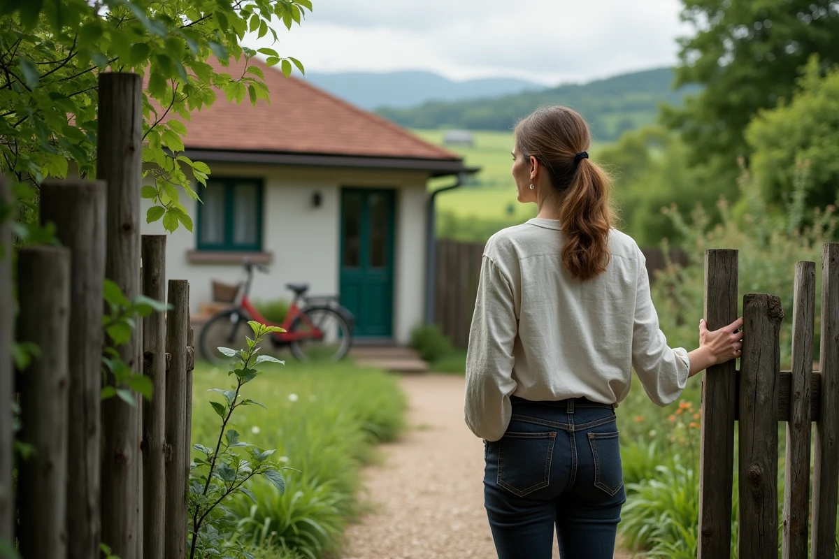 Femme dans le jardin privatif d'une petite maison à louer en zone péri-urbaine