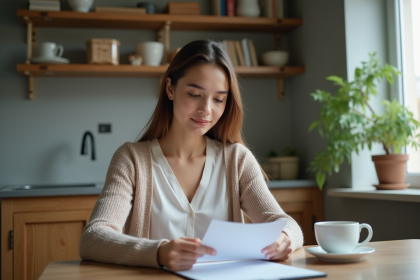 Jeune femme lisant des papiers dans la cuisine