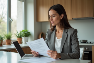 Femme en blazer examine un contrat de location dans une cuisine moderne