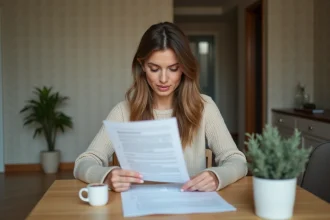 Femme locataire examine documents de location dans son salon