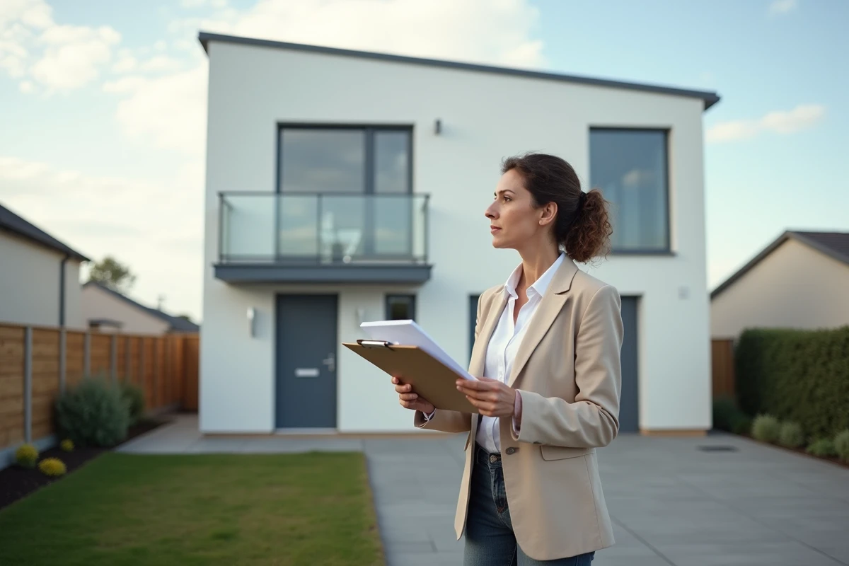 Femme tenant un clipboard devant une maison neuve achevée en attente de déclaration d'achèvement et de conformité des travaux