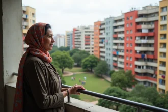 Femme nord-africaine sur balcon avec vue sur Nanterre