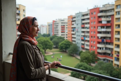 Femme nord-africaine sur balcon avec vue sur Nanterre