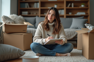 Femme en pleine organisation de déménagement assise sur le sol