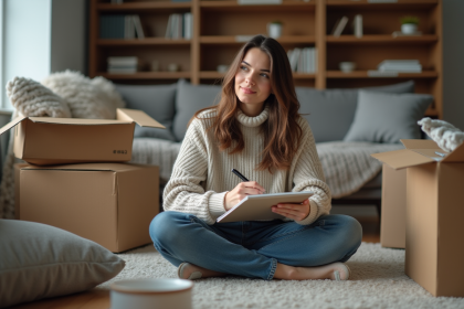 Femme en pleine organisation de déménagement assise sur le sol