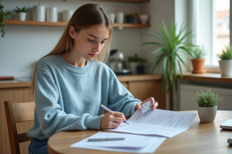 Jeune femme organisant documents dans un appartement lumineux