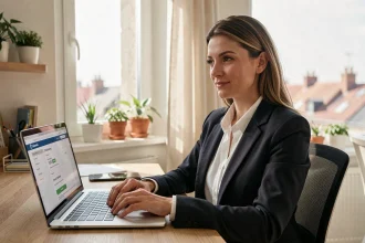 Femme professionnelle utilisant un logiciel de réservation automatisée sur son ordinateur portable dans un bureau moderne