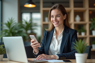 Femme professionnelle souriante avec smartphone dans un bureau