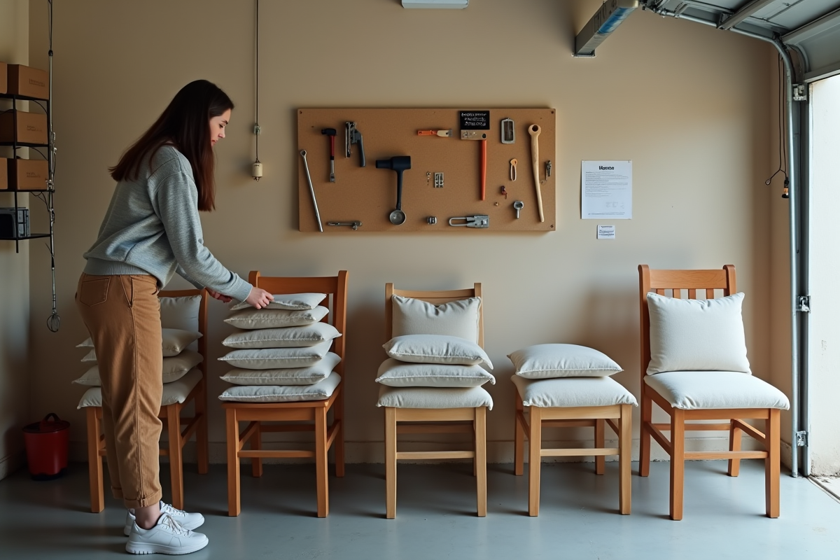 Jeune femme protégeant des meubles dans un garage lumineux