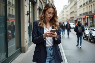 Jeune femme lisant une annonce de location à Paris