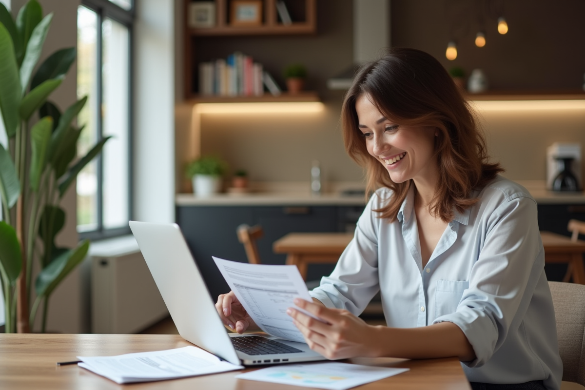Femme détendue examinant documents de location