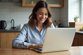 Femme souriante remplissant un formulaire d'eau à la maison