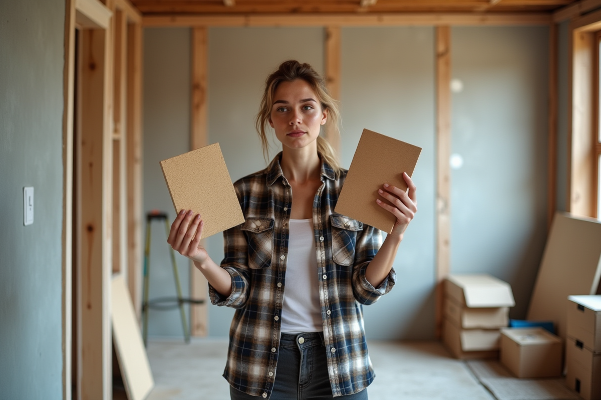 Jeune femme compare panneaux isolants intérieur