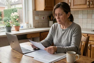 Femme seule face à des documents financiers dans une cuisine, illustrant le stress du surendettement lors d'un divorce et d'une vente immobilière urgente