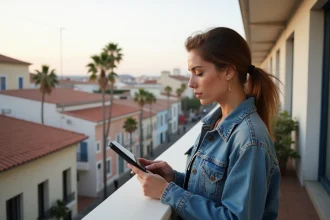 Femme en denim regardant des annonces immobili&egrave;res &agrave; Perpignan