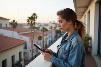 Femme en denim regardant des annonces immobilières à Perpignan