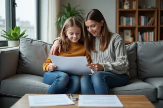Femme et adolescent consultent des documents de location