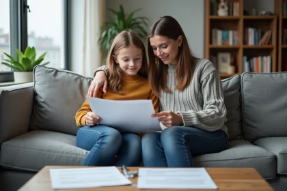 Femme et adolescent consultent des documents de location