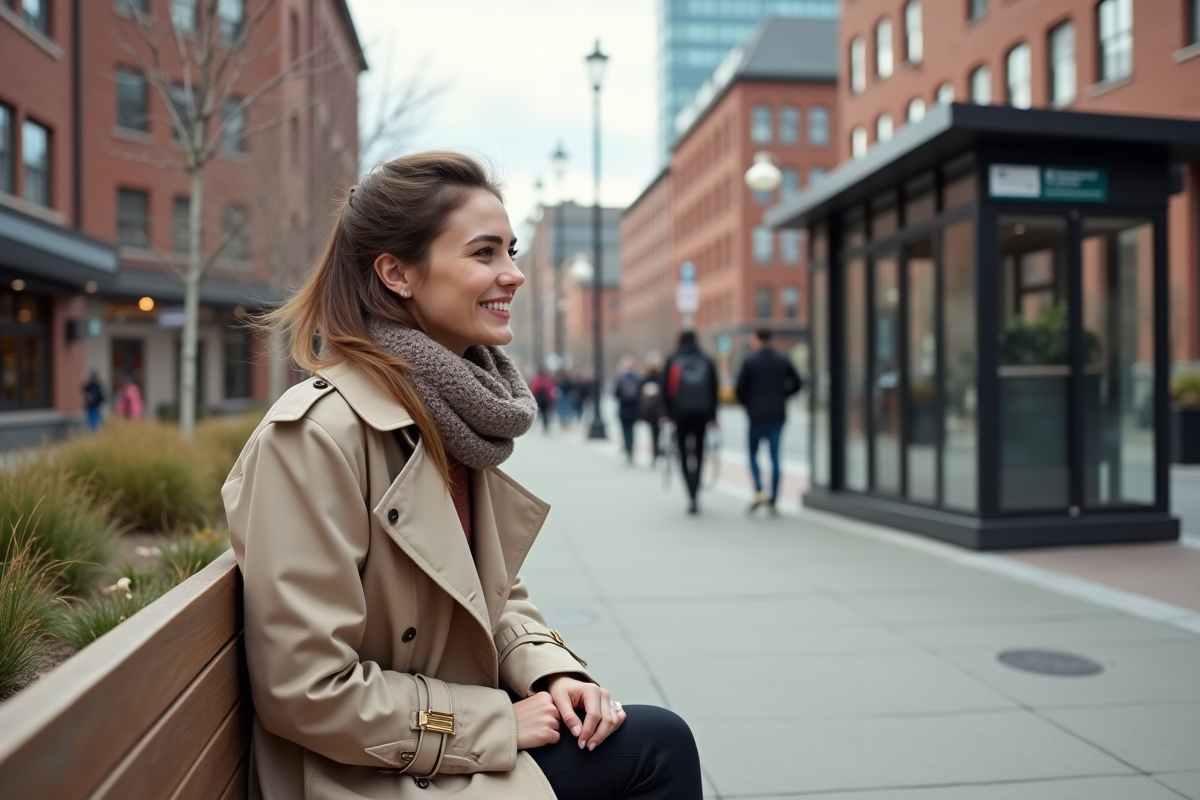 Jeune femme assise au tramway dans le quartier Confluence