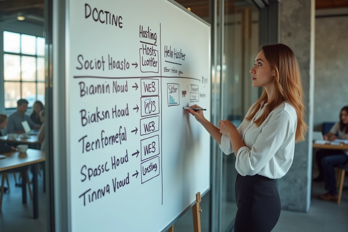 Femme devant tableau blanc dans espace de coworking tech