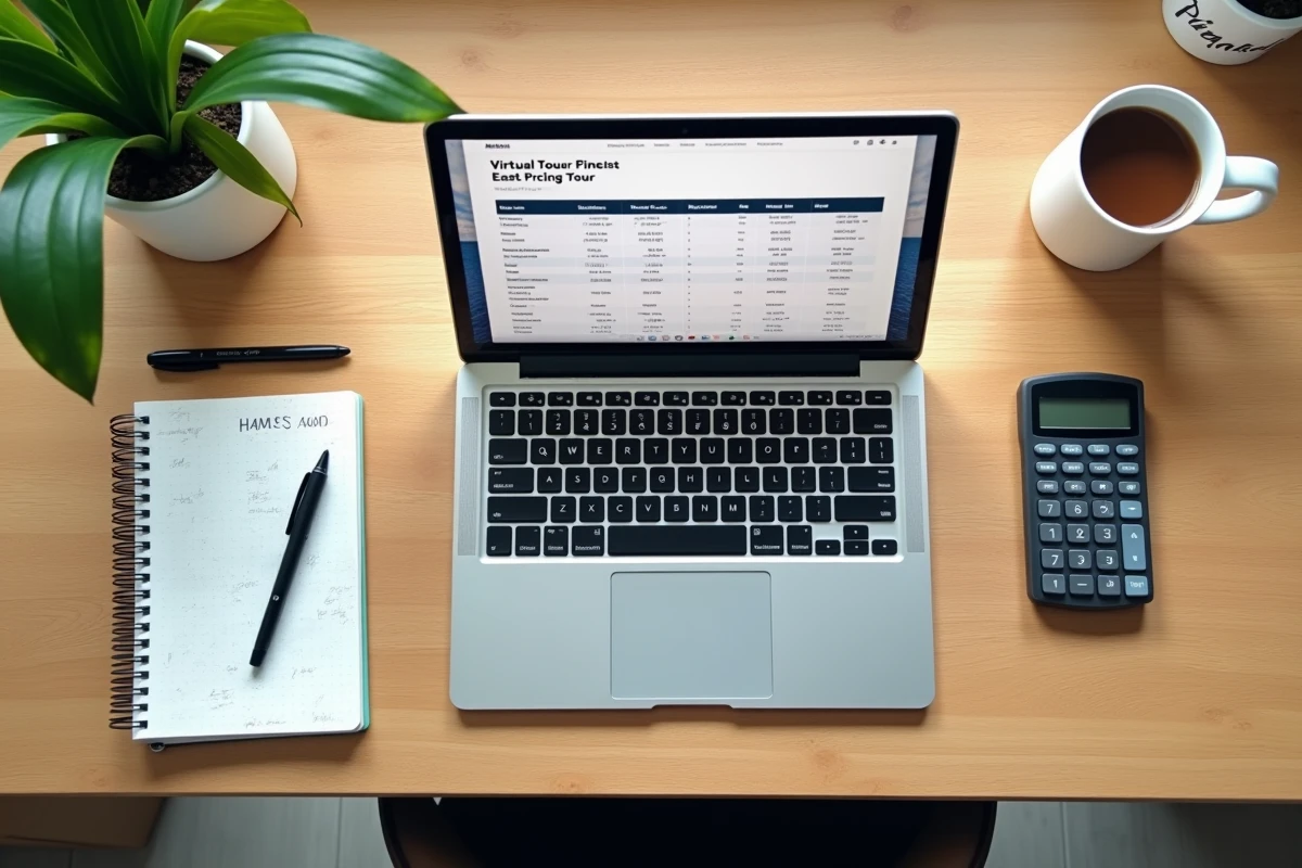 Flat lay d'un bureau avec ordinateur affichant les tarifs d'une visite virtuelle et notes manuscrites