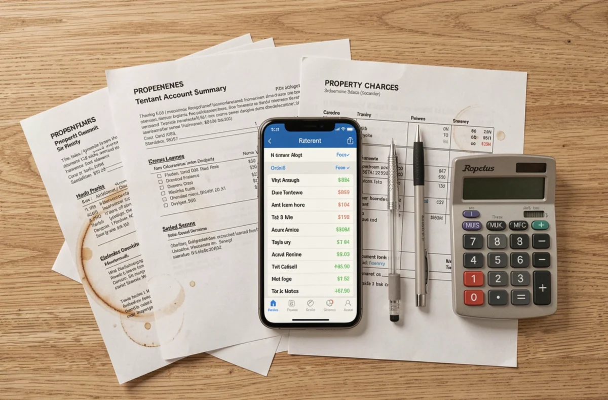 Vue aérienne de relevés de charges imprimés, smartphone avec espace client locataire et calculatrice sur un bureau en bois