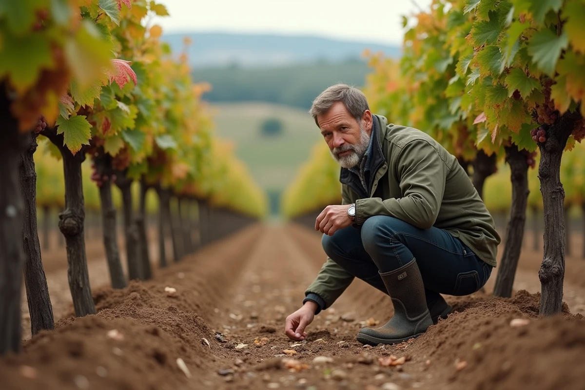 Futur vigneron inspectant des grappes de Merlot dans un vignoble bordelais lors de l'acquisition d'un domaine clé en main