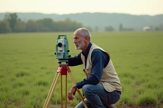Géomètre professionnel mesurant une parcelle agricole d'un acre avec un théodolite numérique dans un champ vert