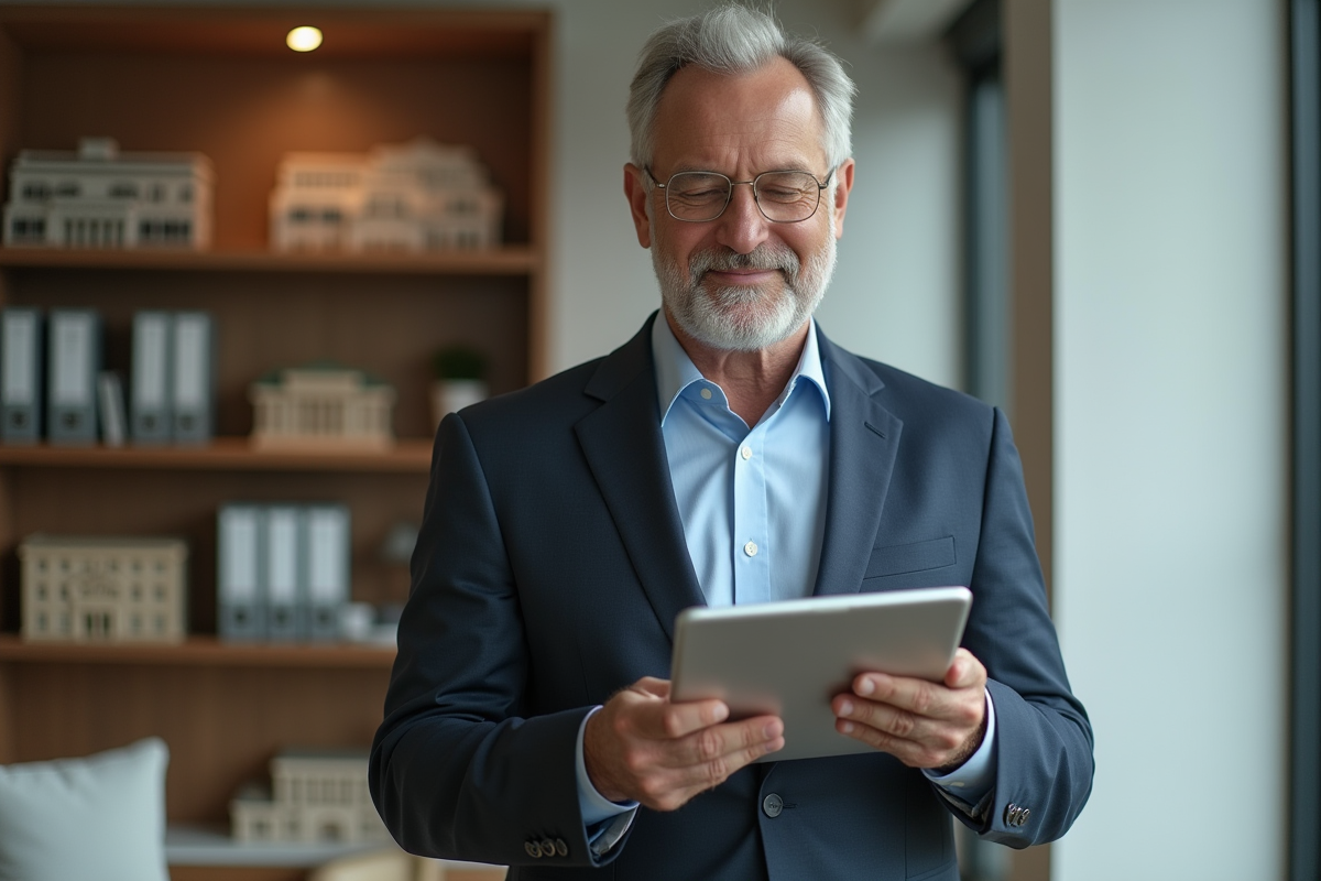 Gestionnaire immobilier en costume avec tablette dans un bureau moderne