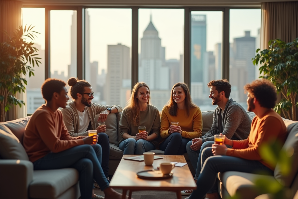 Groupe divers de locataires relaxant dans le salon convivial