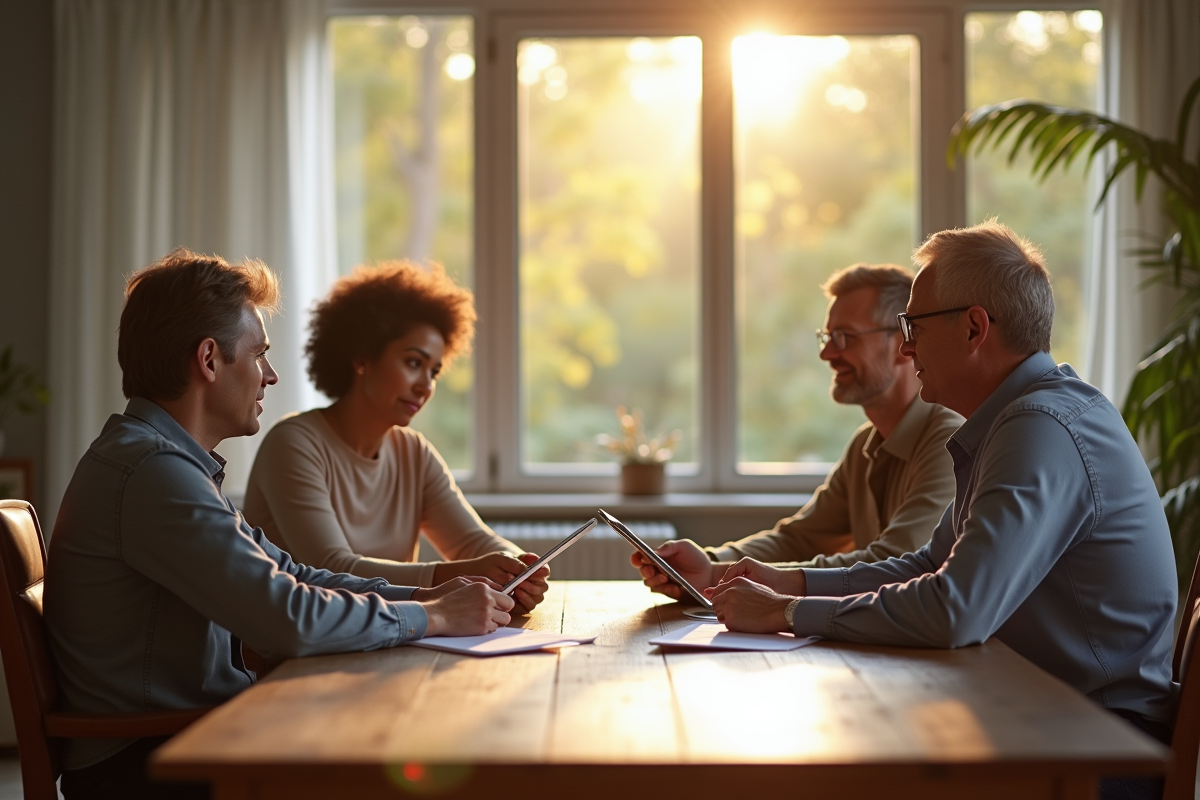 Groupe d'adultes discutant de documents immobiliers dans un salon lumineux