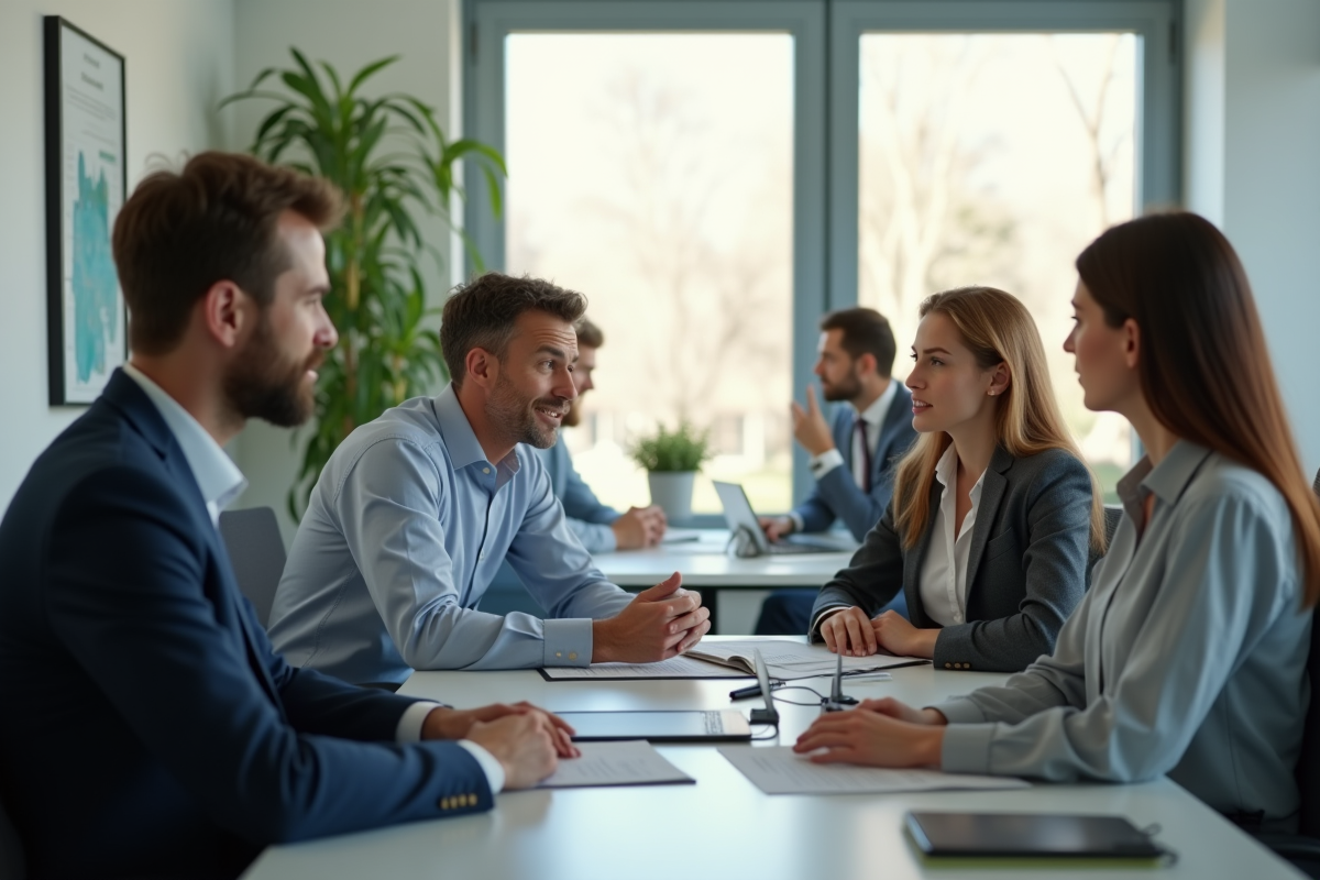 Groupe de personnes dans un bureau immobilier lumineux